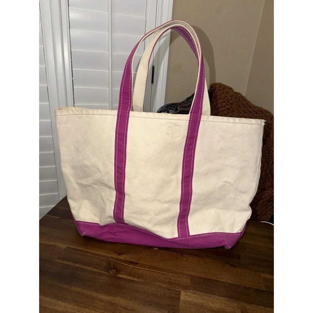 Vtg 90s LL Bean Large Boat and Tote Canvas  Short Magneta Handles Base *STAINS